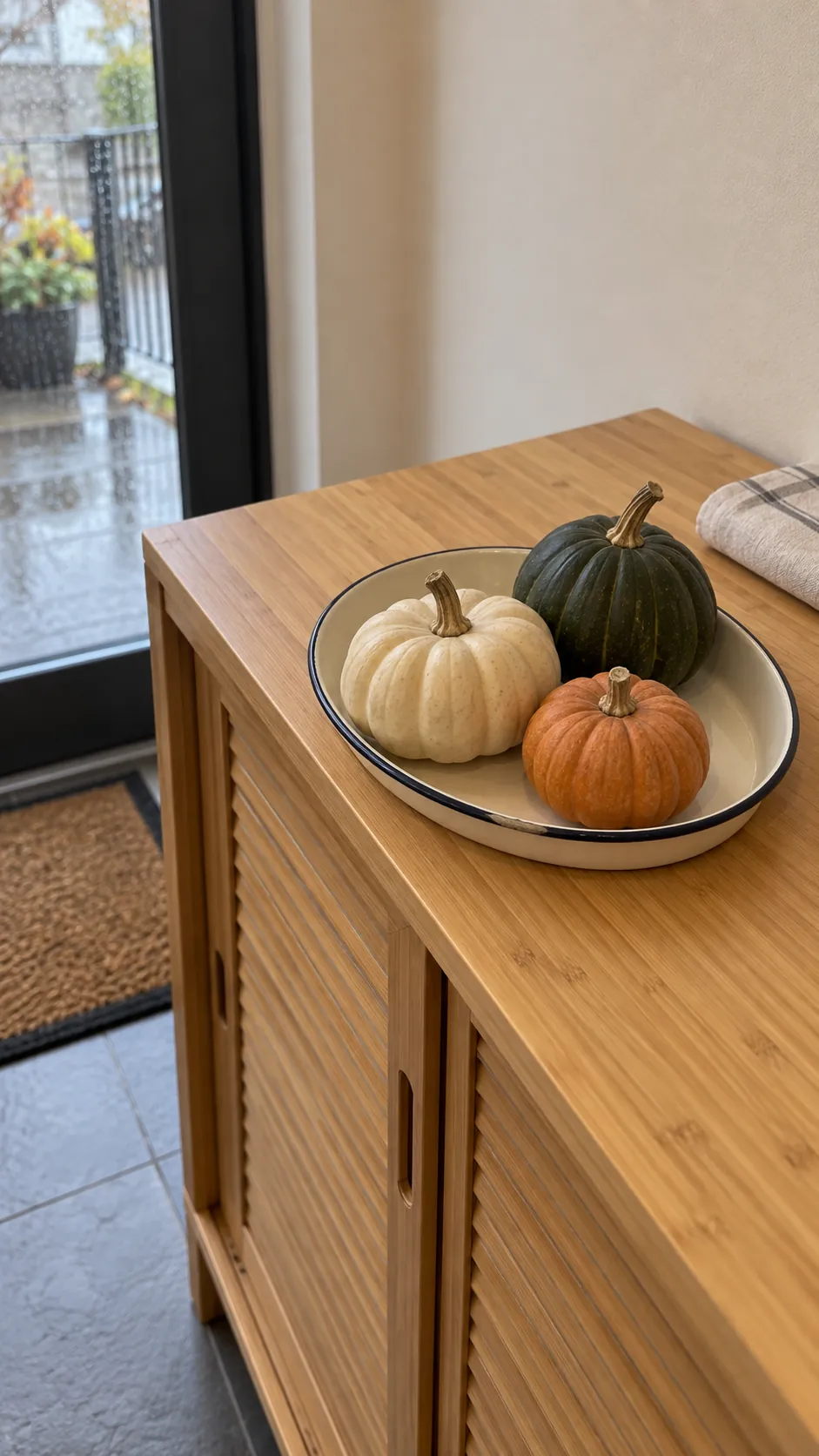 Small cream and green pumpkin display on a washable tray