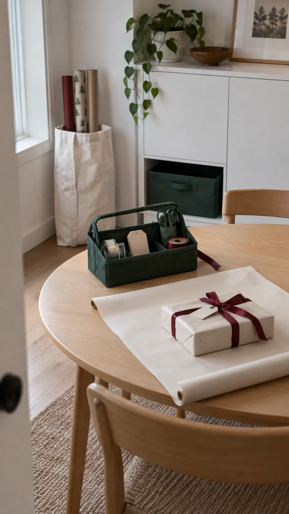 Portable Christmas gift wrapping kit on an apartment dining table