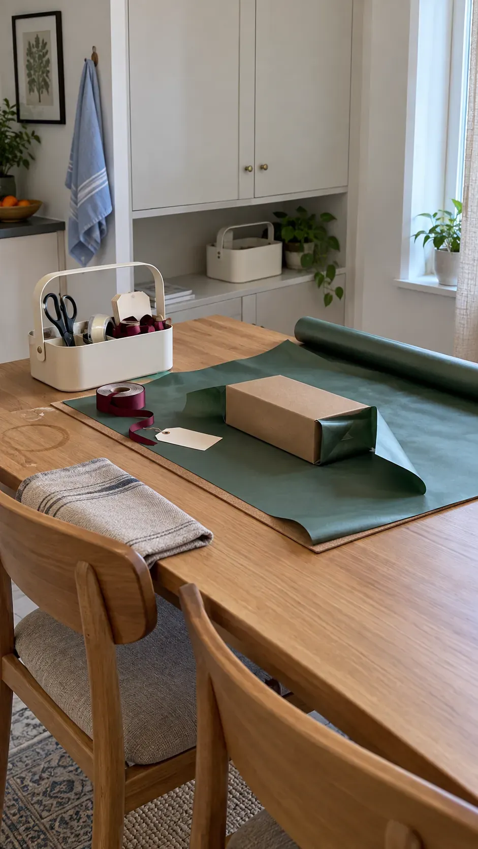 A dining table kit in a handled caddy for small apartment Christmas gift wrapping