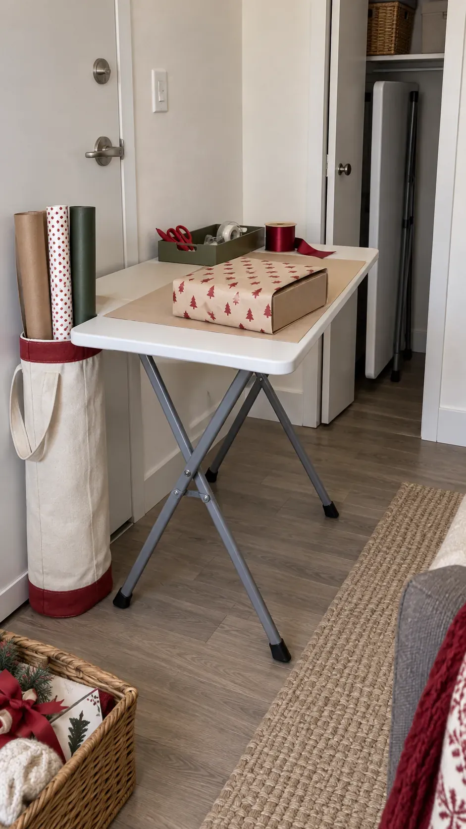 A folding table beside a tall paper bag for small apartment Christmas gift wrapping
