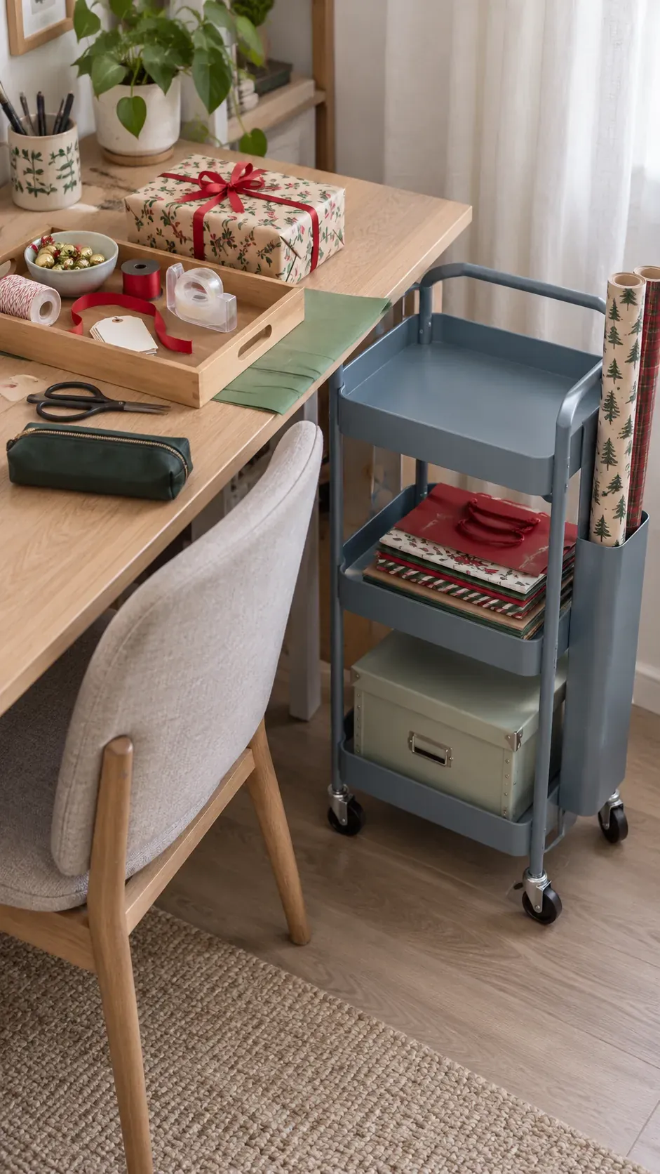 A rolling cart with a removable work tray for small apartment Christmas gift wrapping