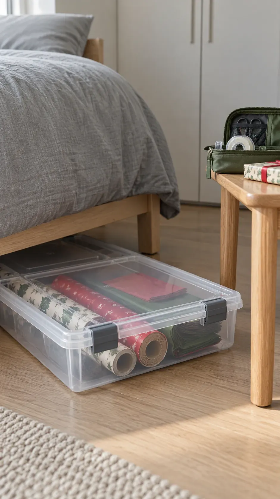 An underbed case with a lift out pouch for small apartment Christmas gift wrapping