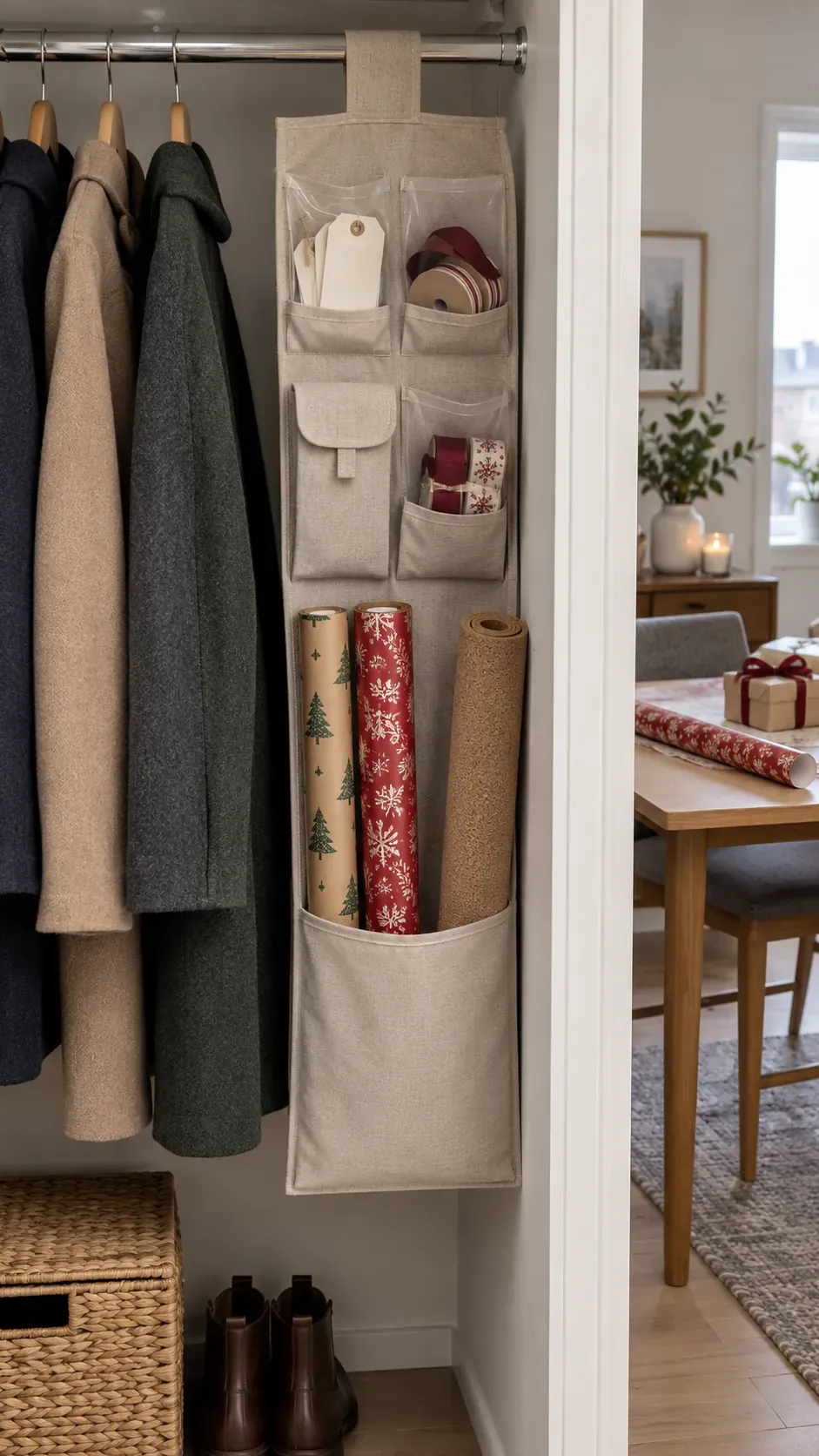 A closet hanging organizer and table mat for small apartment Christmas gift wrapping