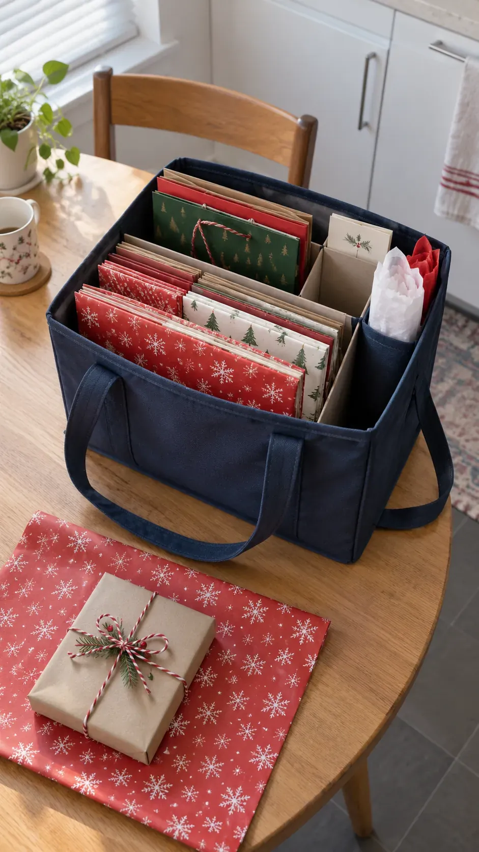 A tote for folded paper and flat bags for small apartment Christmas gift wrapping