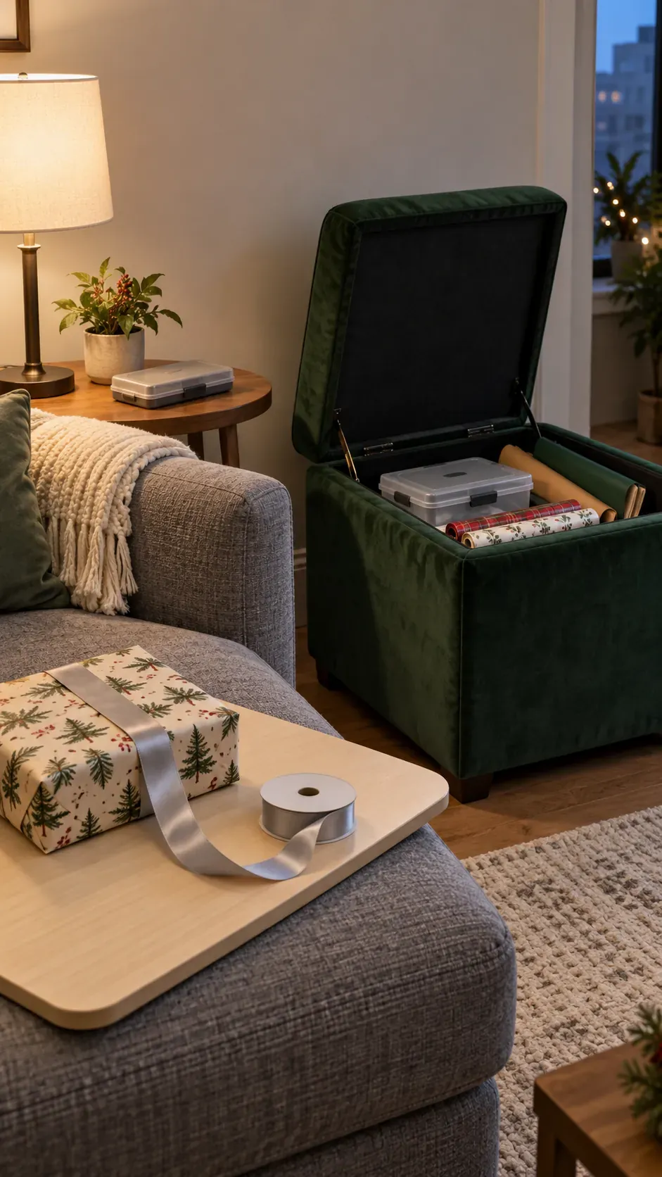 A storage ottoman with a separate lap board for small apartment Christmas gift wrapping