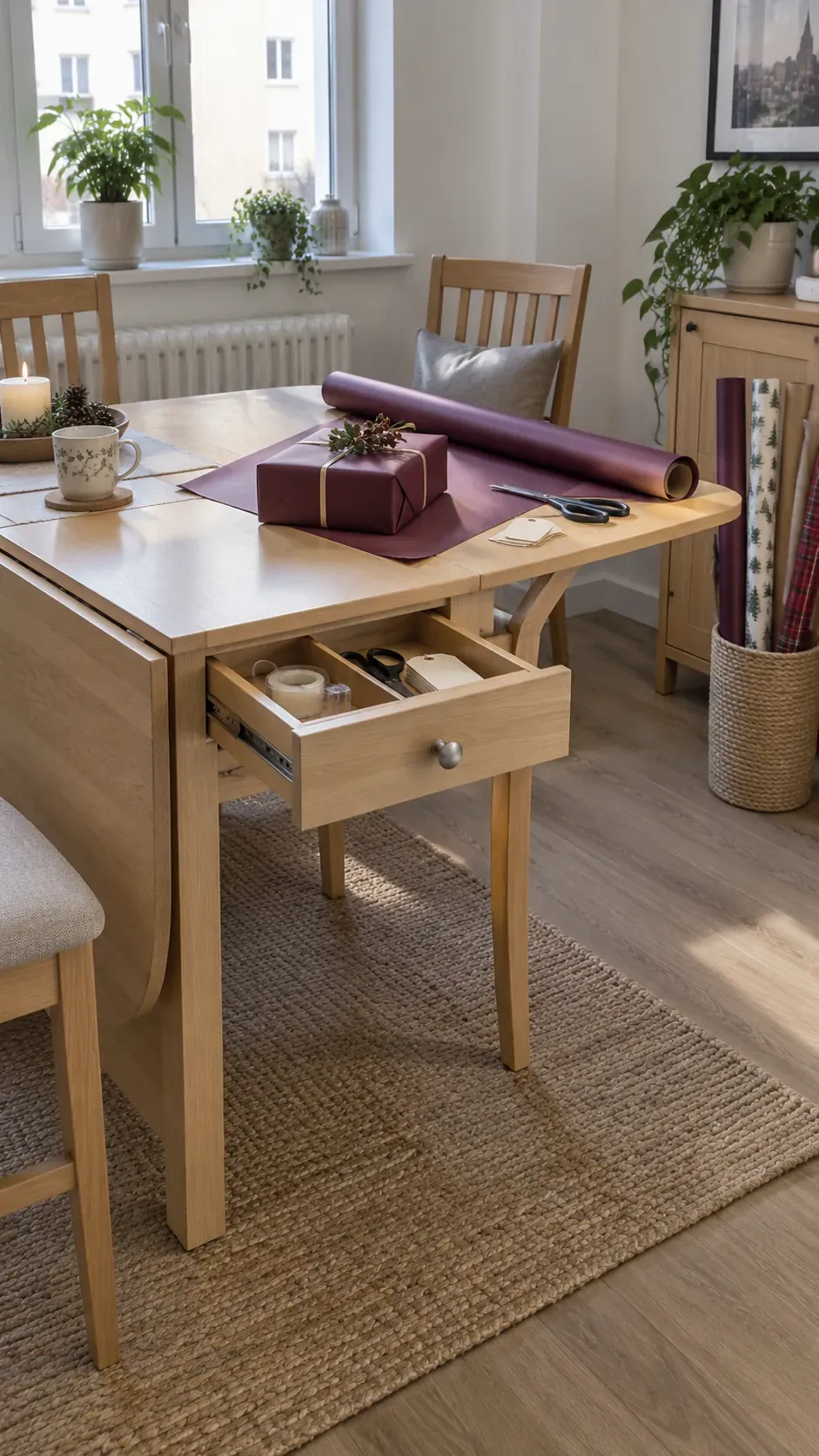 A drop leaf table with one dedicated drawer for small apartment Christmas gift wrapping