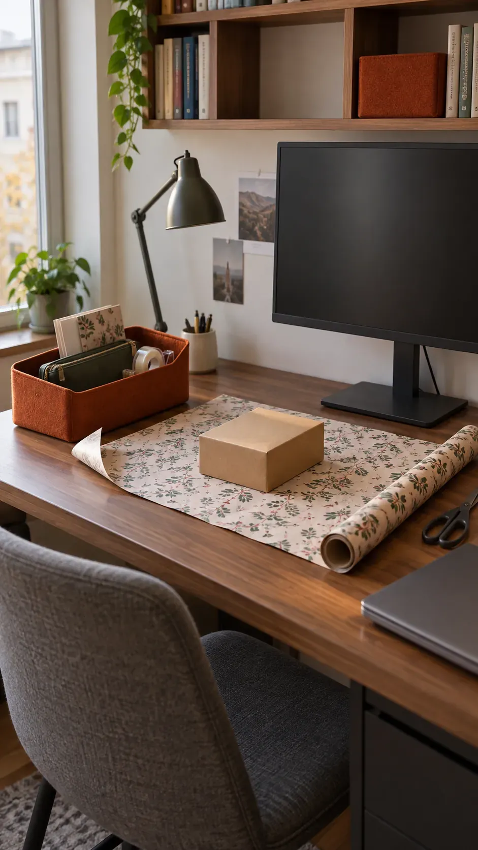 A removable shelf bin beside a desk for small apartment Christmas gift wrapping