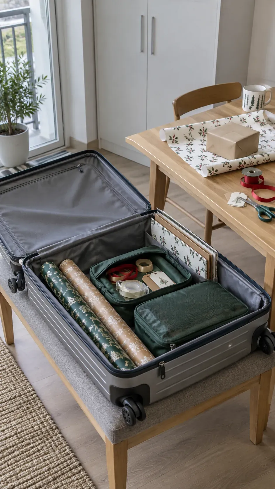 A suitcase that opens into a supply library for small apartment Christmas gift wrapping
