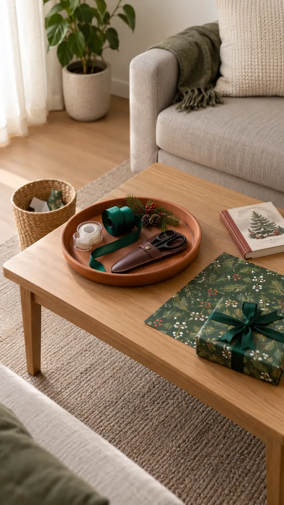 A shallow tray for a coffee table session for small apartment Christmas gift wrapping