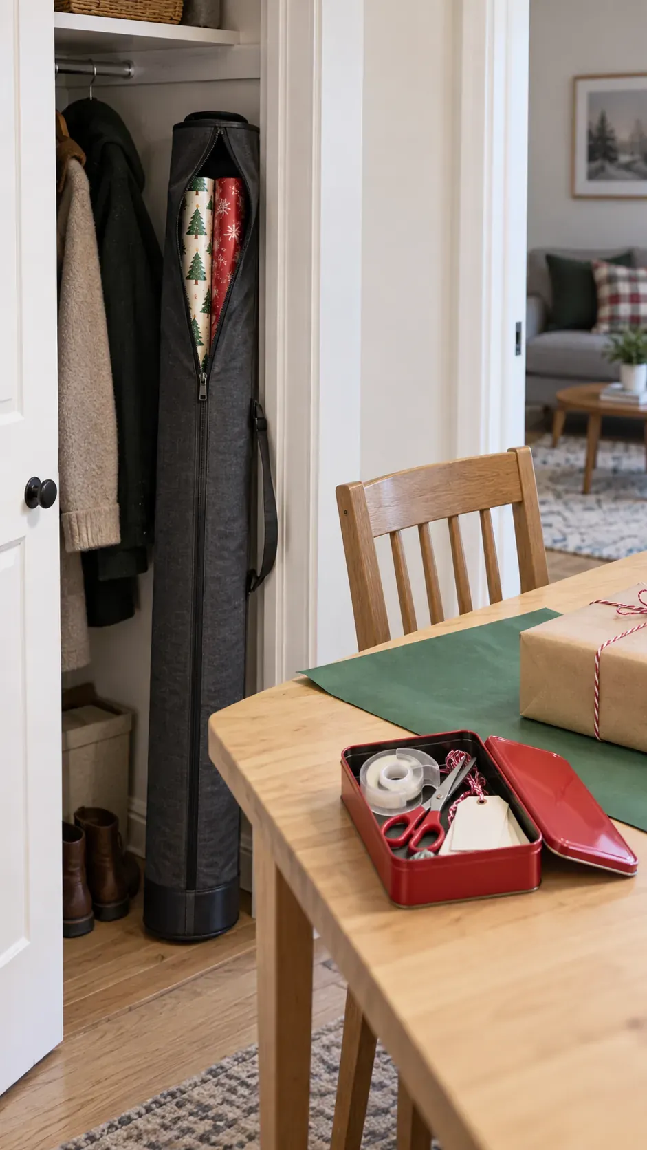 A paper tube carrier paired with a tool tin for small apartment Christmas gift wrapping
