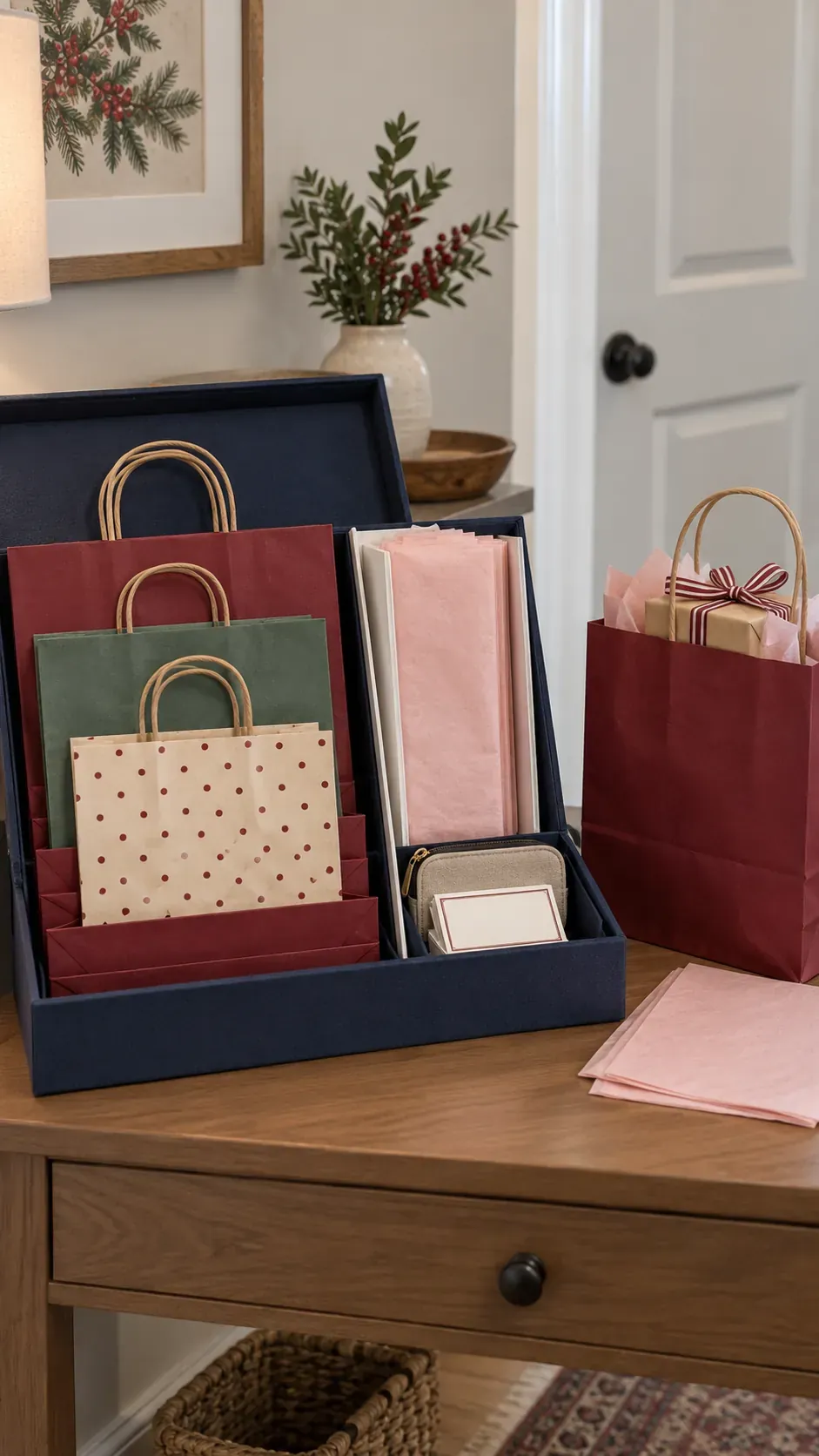 A flat folder for a gift bag station for small apartment Christmas gift wrapping