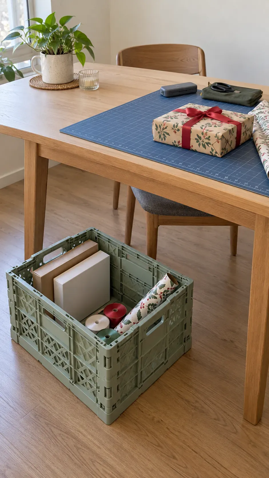 A collapsible crate with a cutting mat for small apartment Christmas gift wrapping