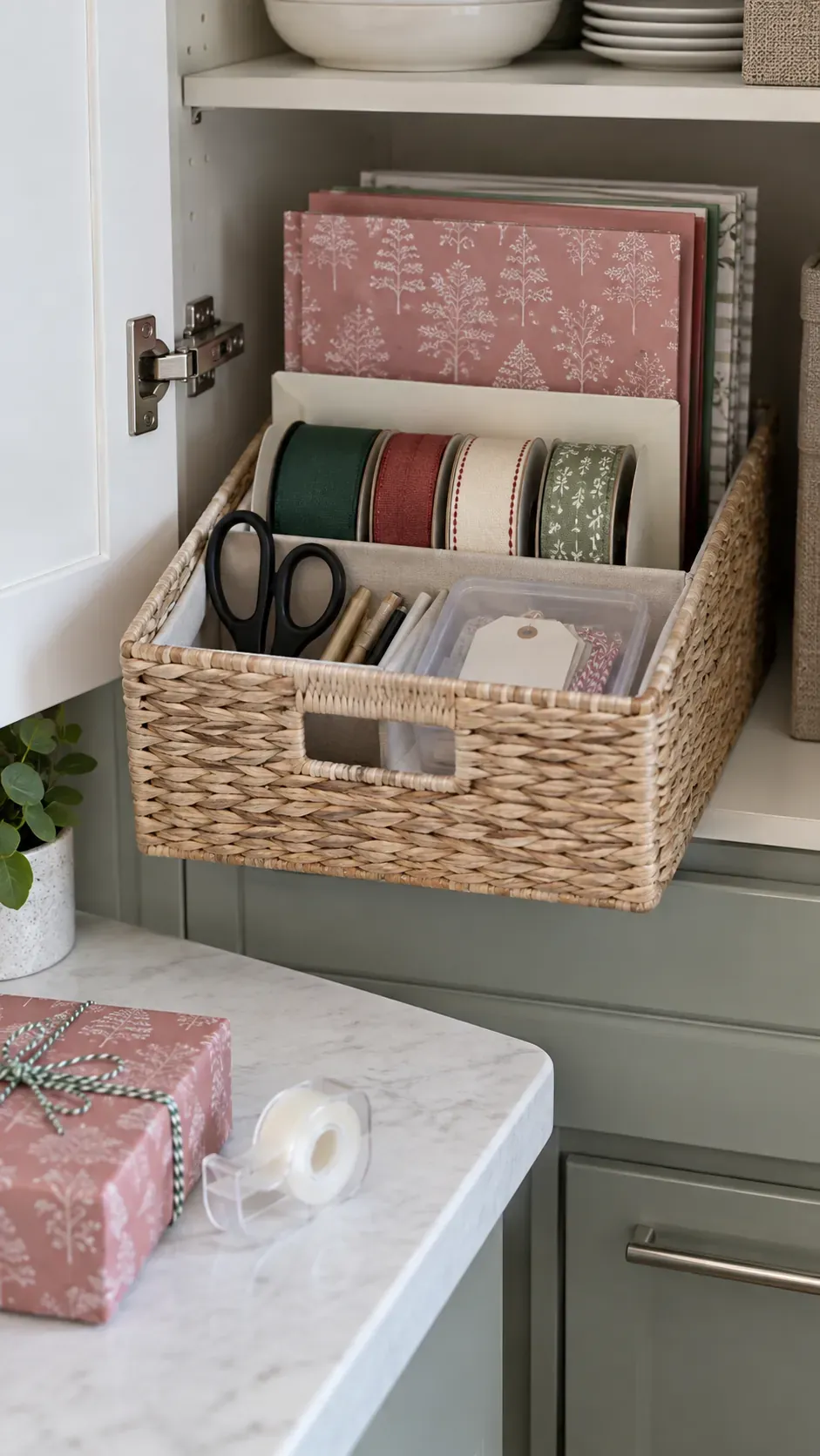 A cabinet basket with a ribbon envelope for small apartment Christmas gift wrapping