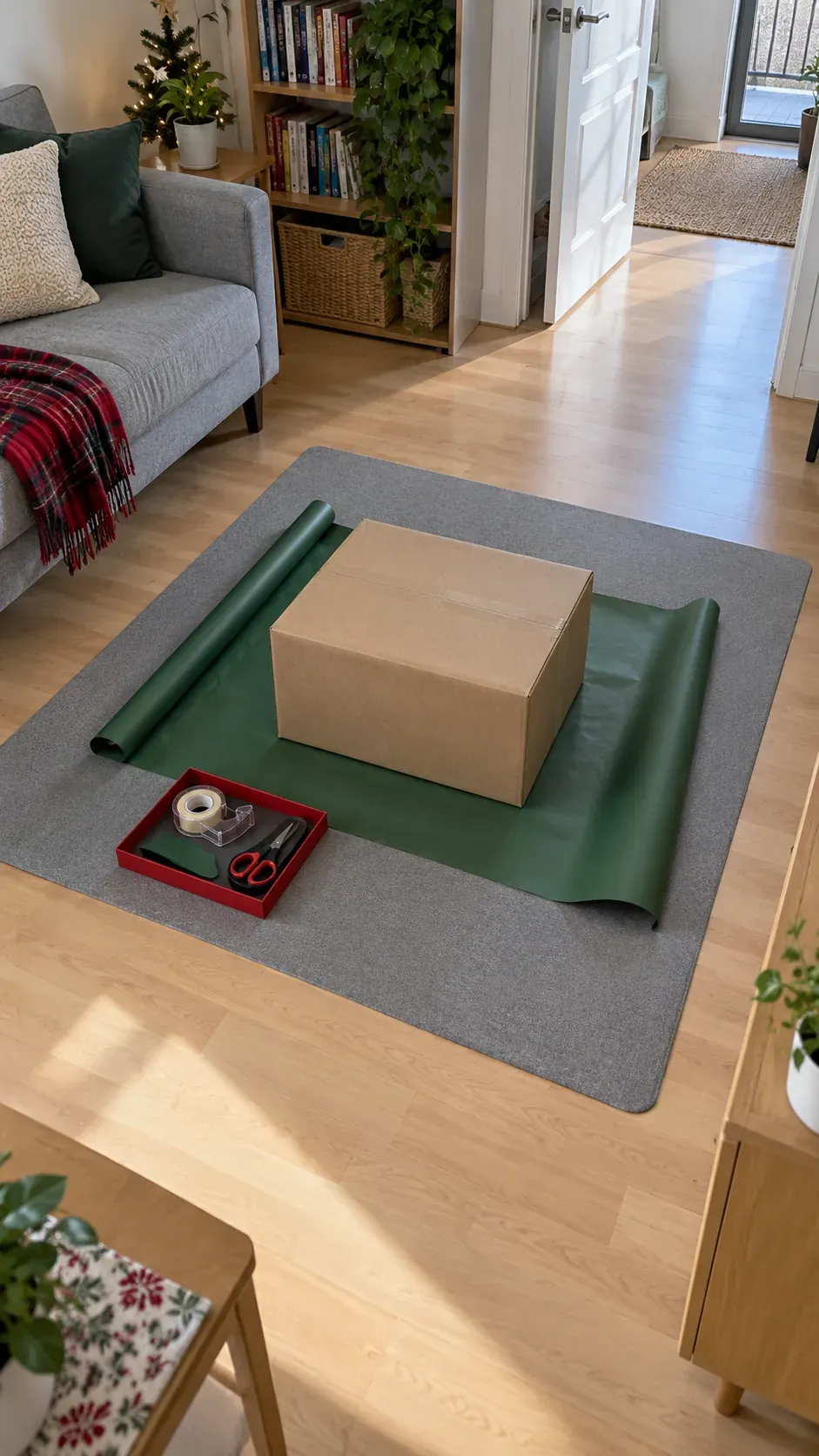 A floor mat session for oversized presents for small apartment Christmas gift wrapping