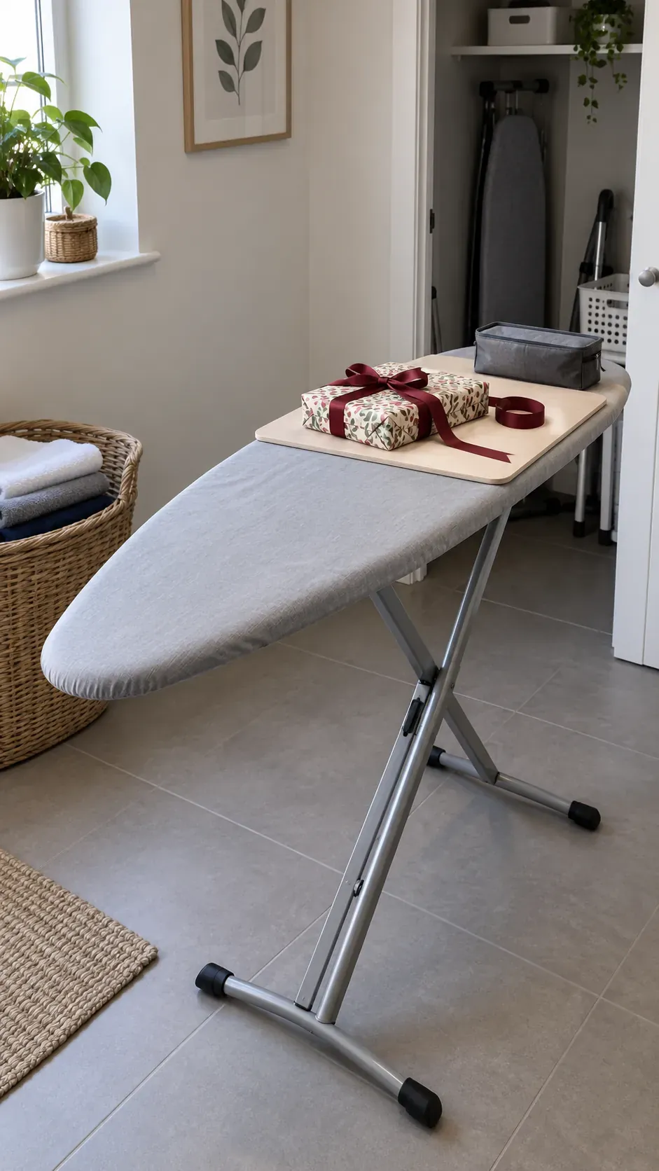 A foldaway ironing board for finishing touches for small apartment Christmas gift wrapping