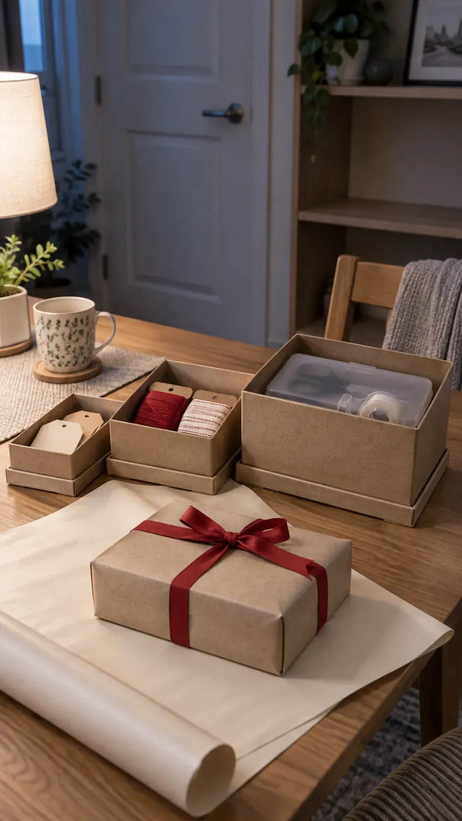 A nesting box kit with a packing routine for small apartment Christmas gift wrapping
