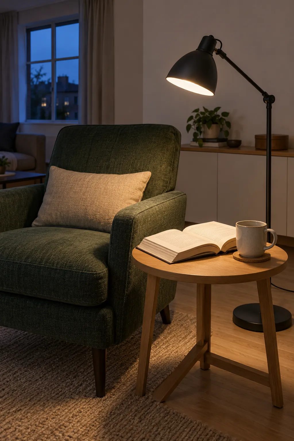 Soft evening reading light beside a living room chair