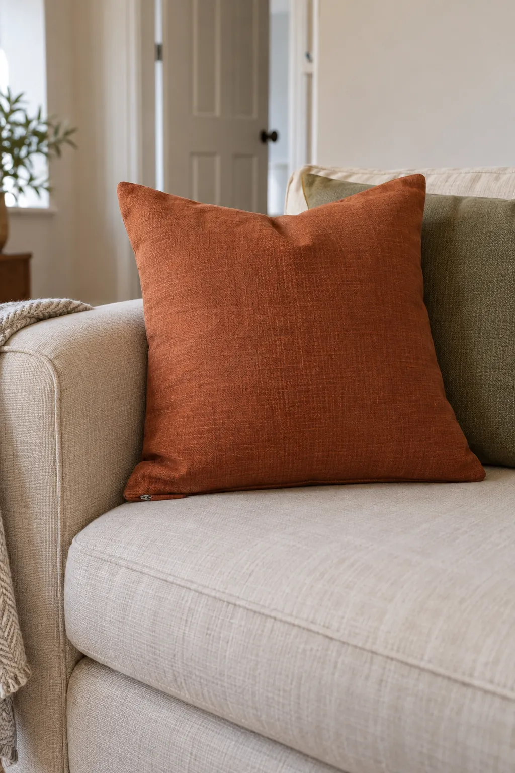 Rust cushion cover on a neutral sofa