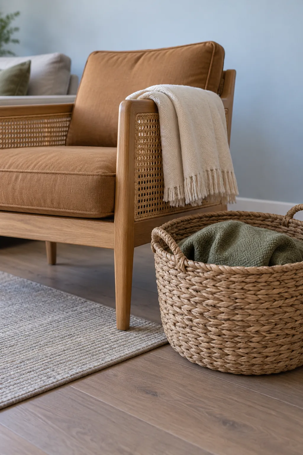 Useful autumn throw and woven basket beside seating