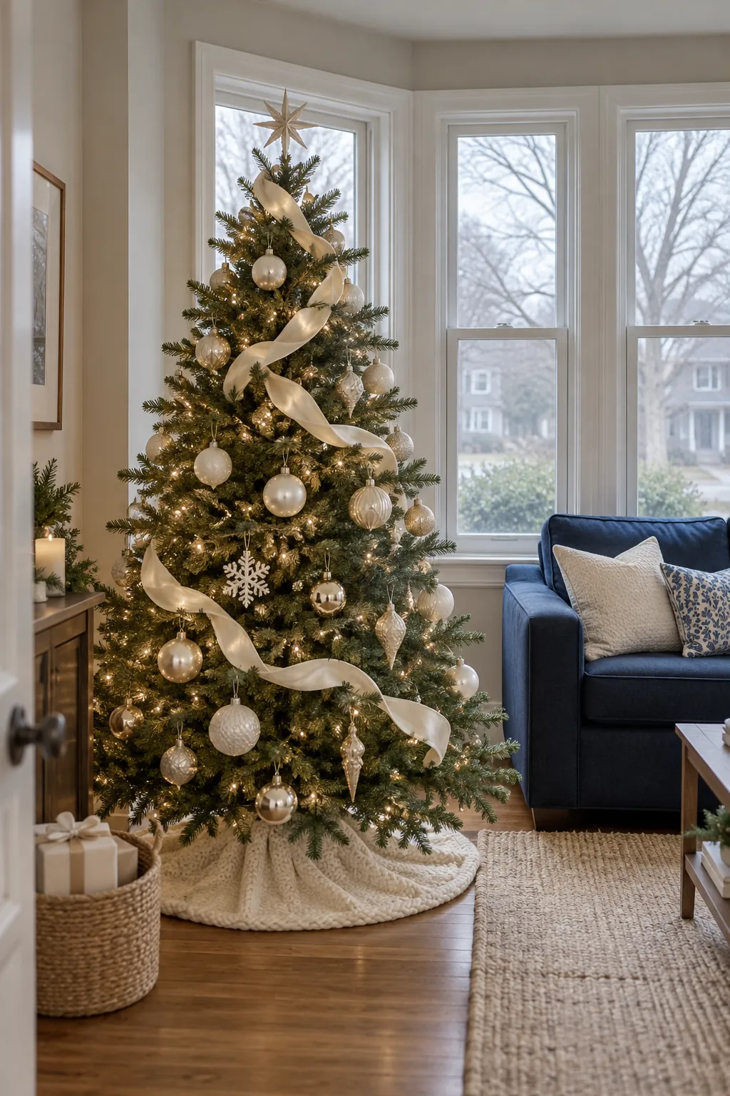 Champagne and Ivory Christmas tree ornaments beside a navy sofa