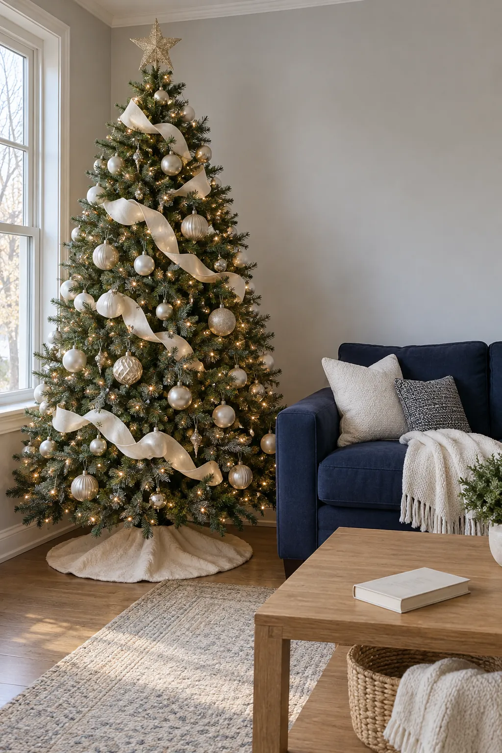 Champagne and ivory Christmas tree beside a navy sofa