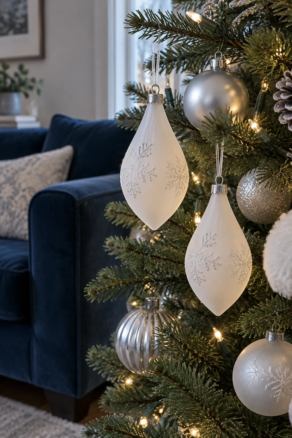 Silver and Frosted White Christmas tree ornaments beside a navy sofa