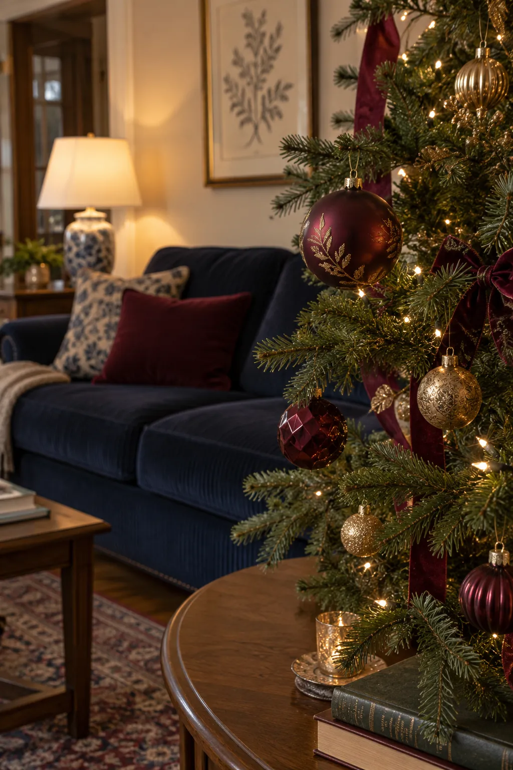 Burgundy and Antique Gold Christmas tree ornaments beside a navy sofa