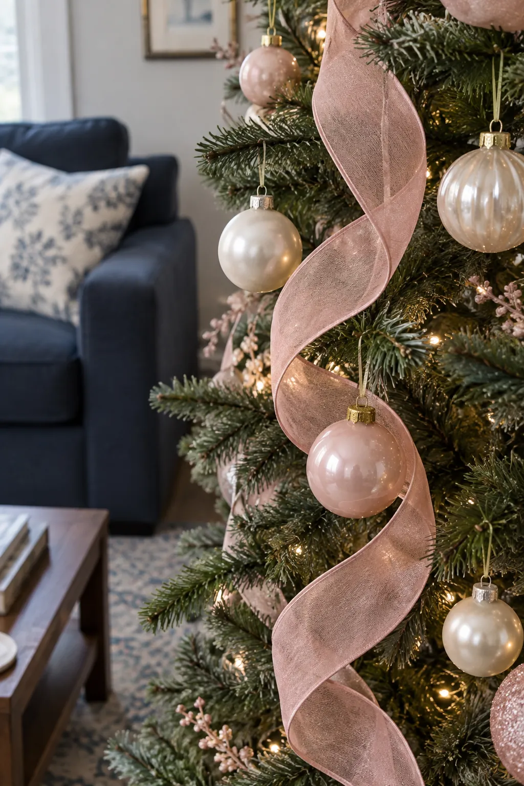 Blush and Pearl Christmas tree ornaments beside a navy sofa