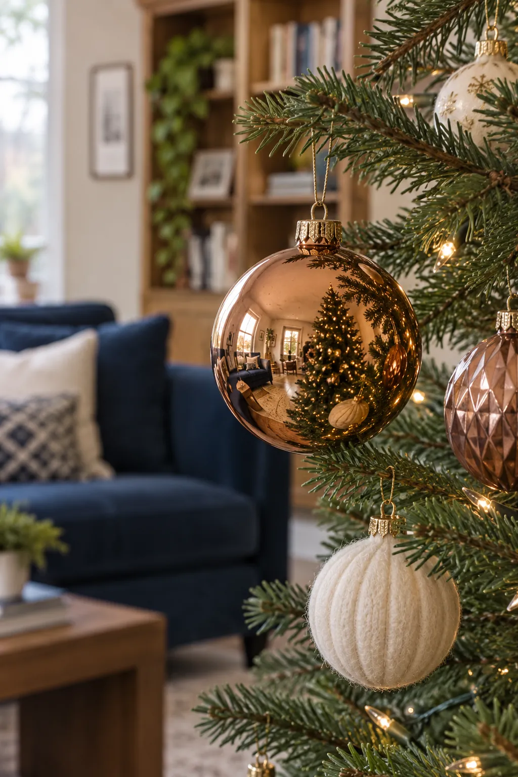 Copper and Cream Christmas tree ornaments beside a navy sofa