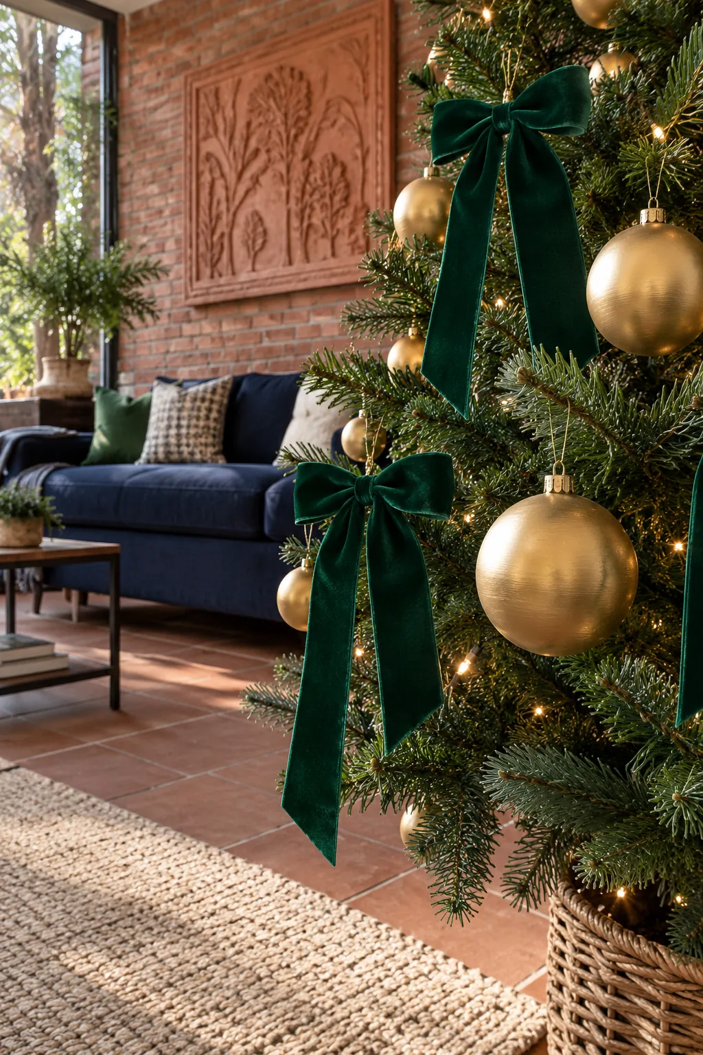 Emerald and Brushed Gold Christmas tree ornaments beside a navy sofa