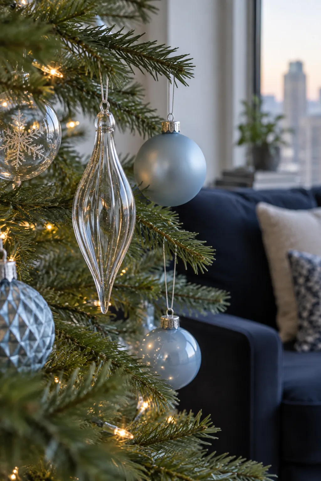Ice Blue and Clear Glass Christmas tree ornaments beside a navy sofa