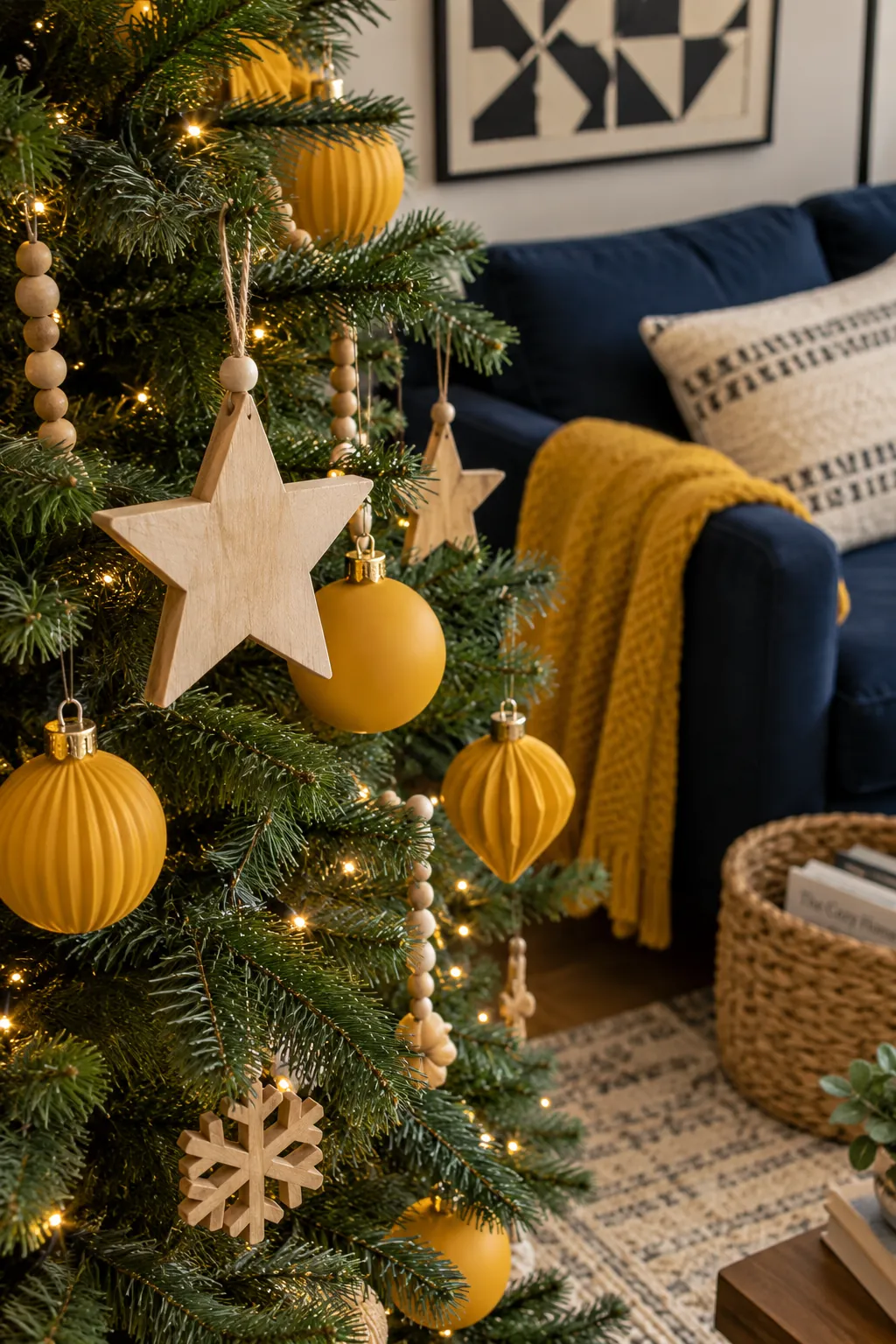 Mustard and Natural Wood Christmas tree ornaments beside a navy sofa