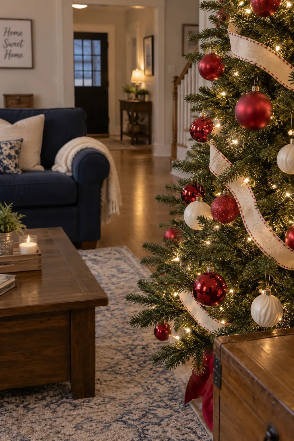 Red and Warm White Christmas tree ornaments beside a navy sofa
