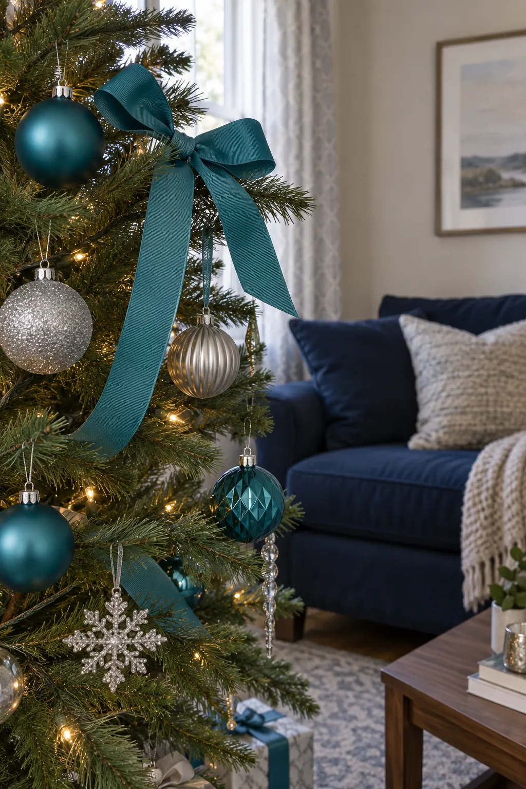 Teal and Silver Christmas tree ornaments beside a navy sofa