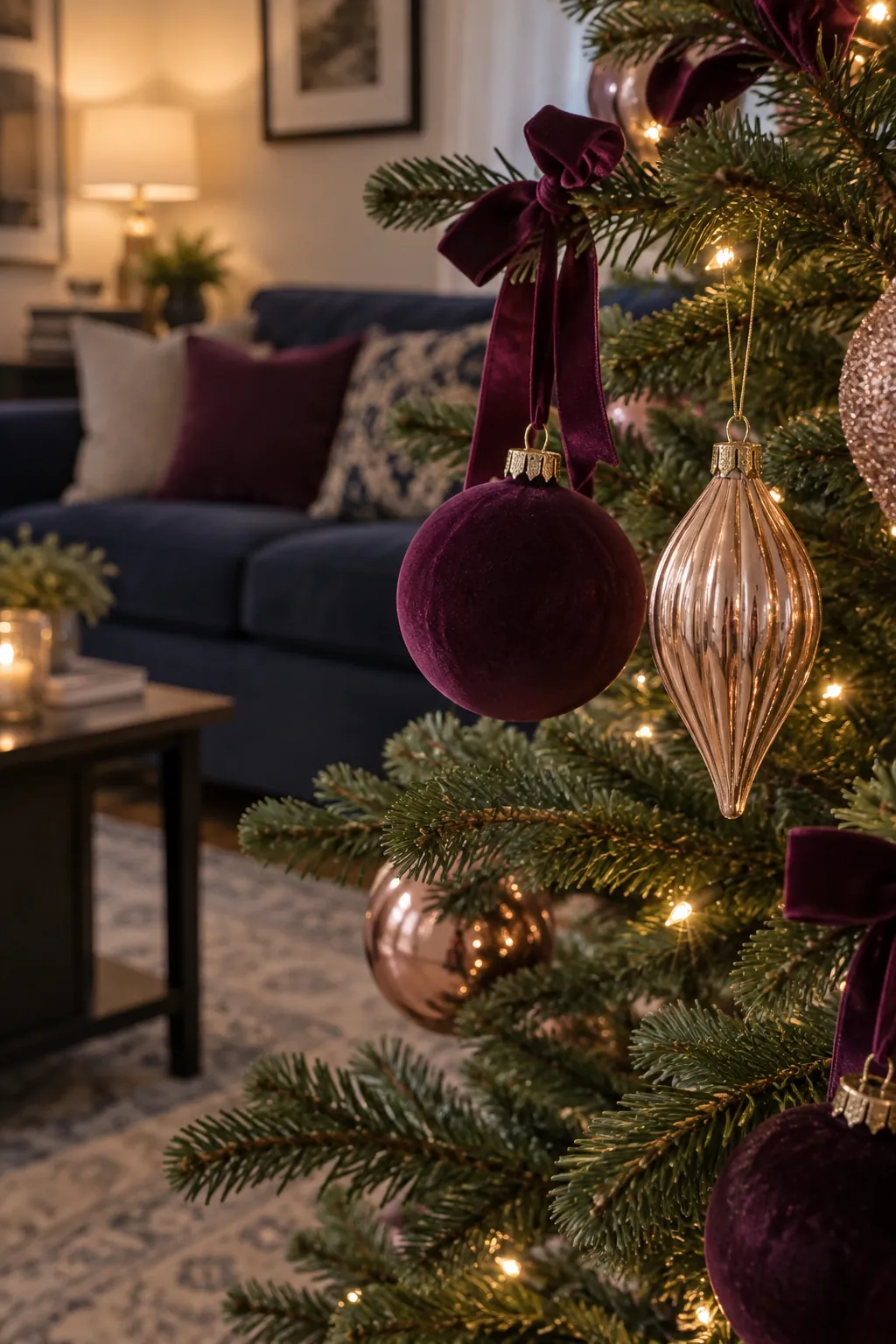 Plum and Rose Gold Christmas tree ornaments beside a navy sofa