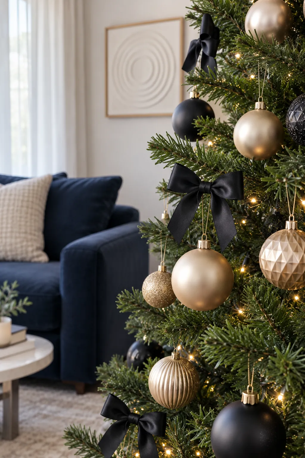 Black and Champagne Christmas tree ornaments beside a navy sofa
