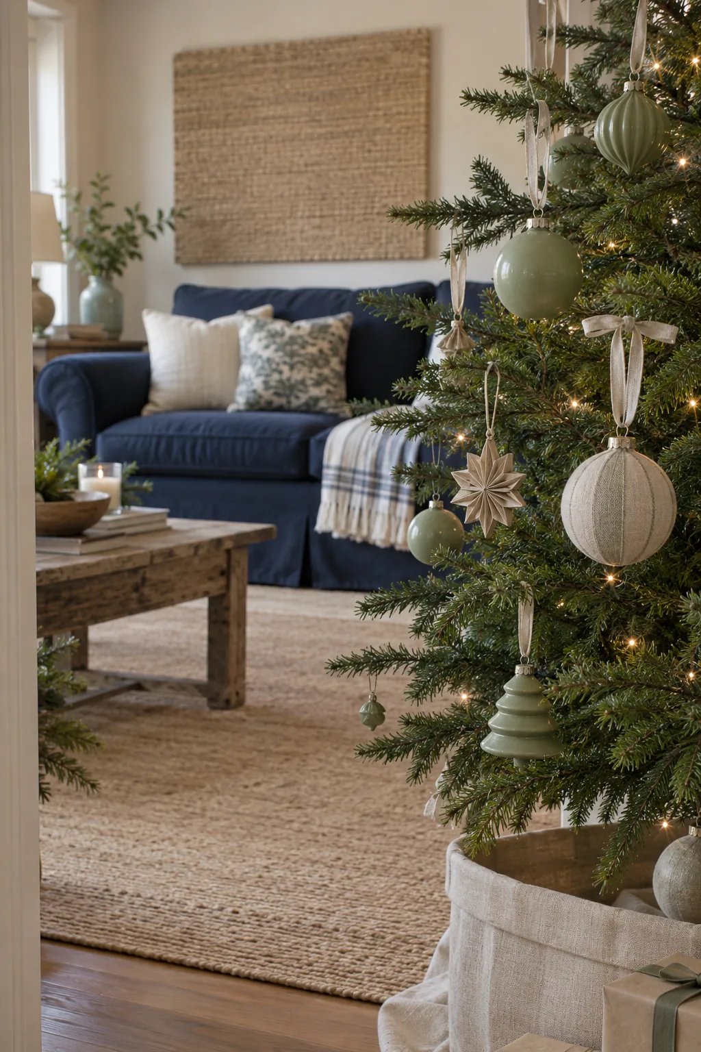 Sage and Linen Christmas tree ornaments beside a navy sofa