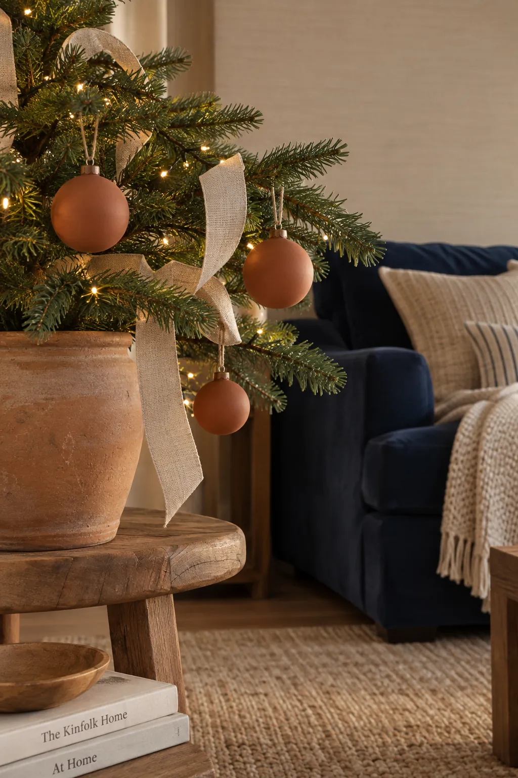 Terracotta and Oatmeal Christmas tree ornaments beside a navy sofa