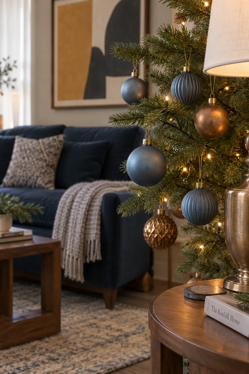 Bronze and Dusty Blue Christmas tree ornaments beside a navy sofa