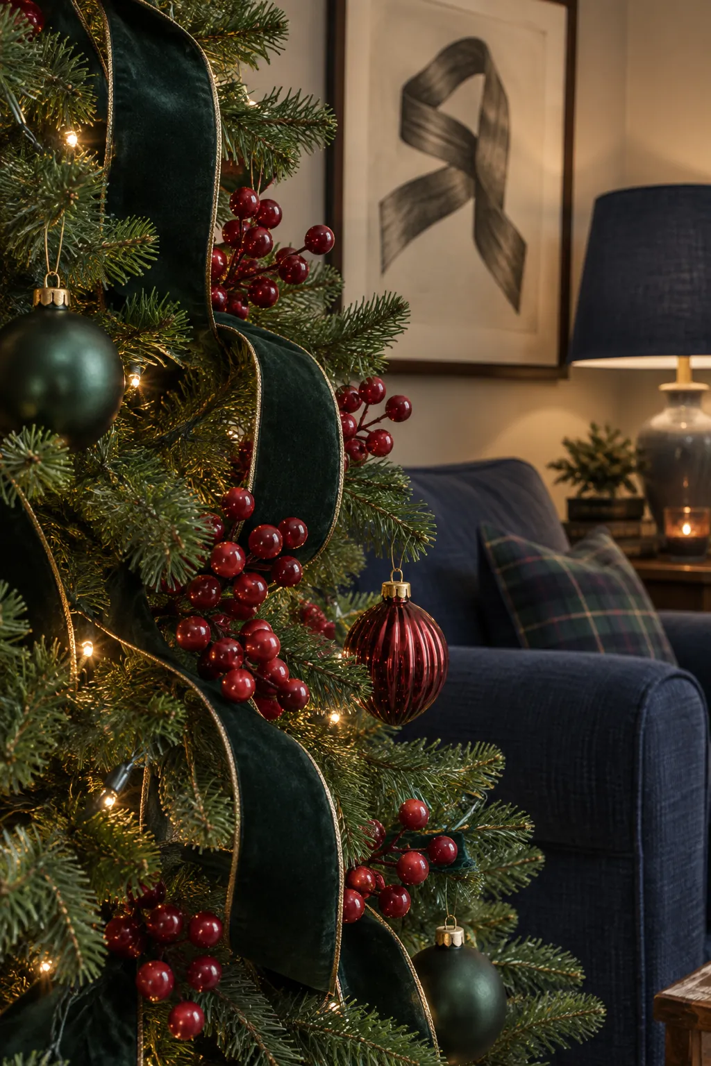 Forest Green and Cranberry Christmas tree ornaments beside a navy sofa