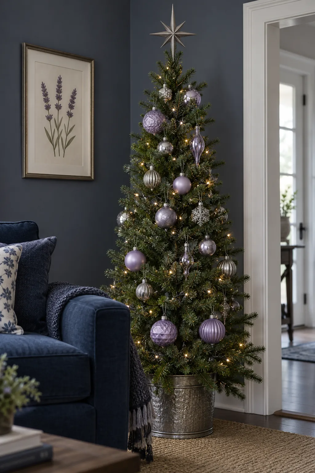 Lavender and Pewter Christmas tree ornaments beside a navy sofa