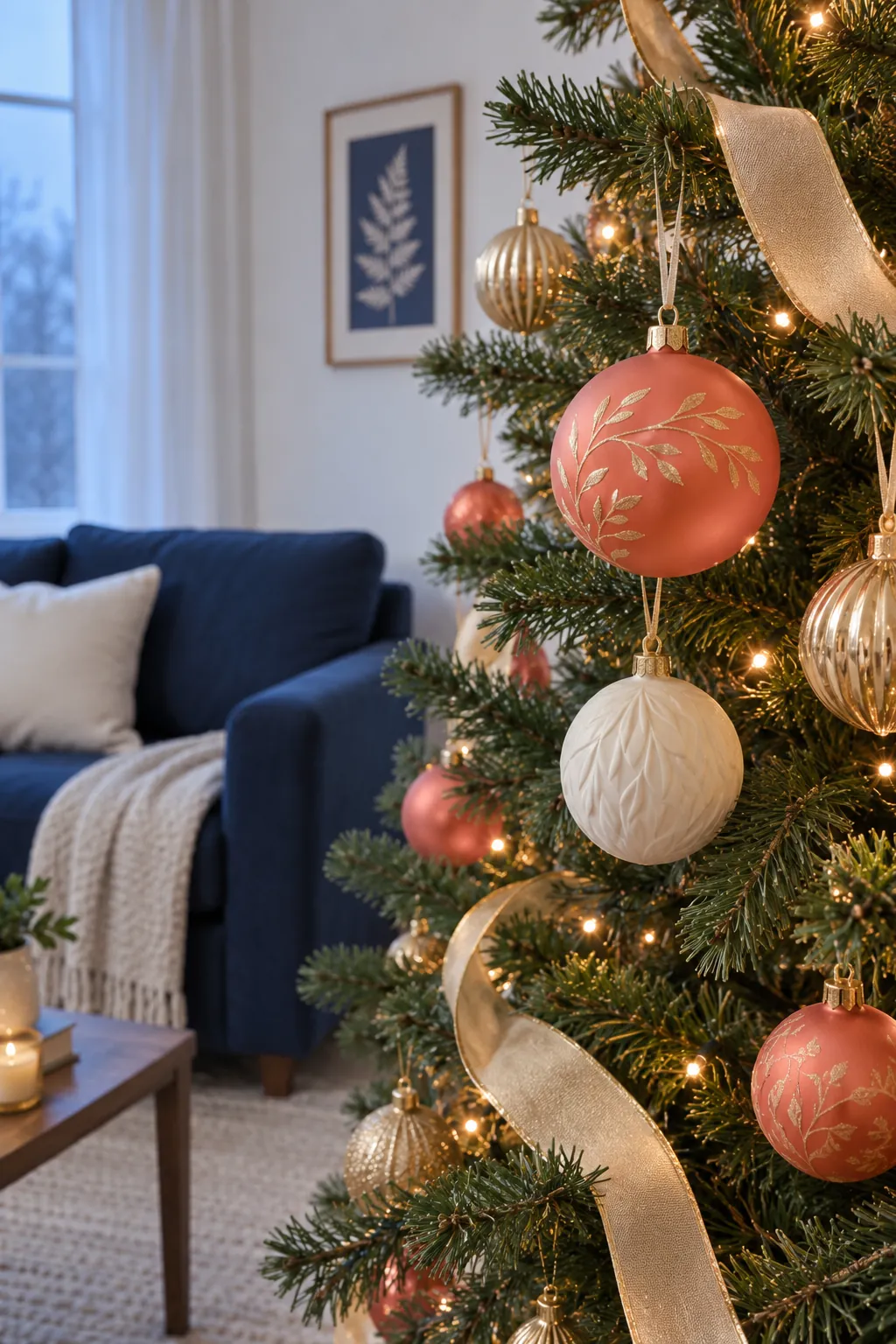 Coral and Soft Gold Christmas tree ornaments beside a navy sofa