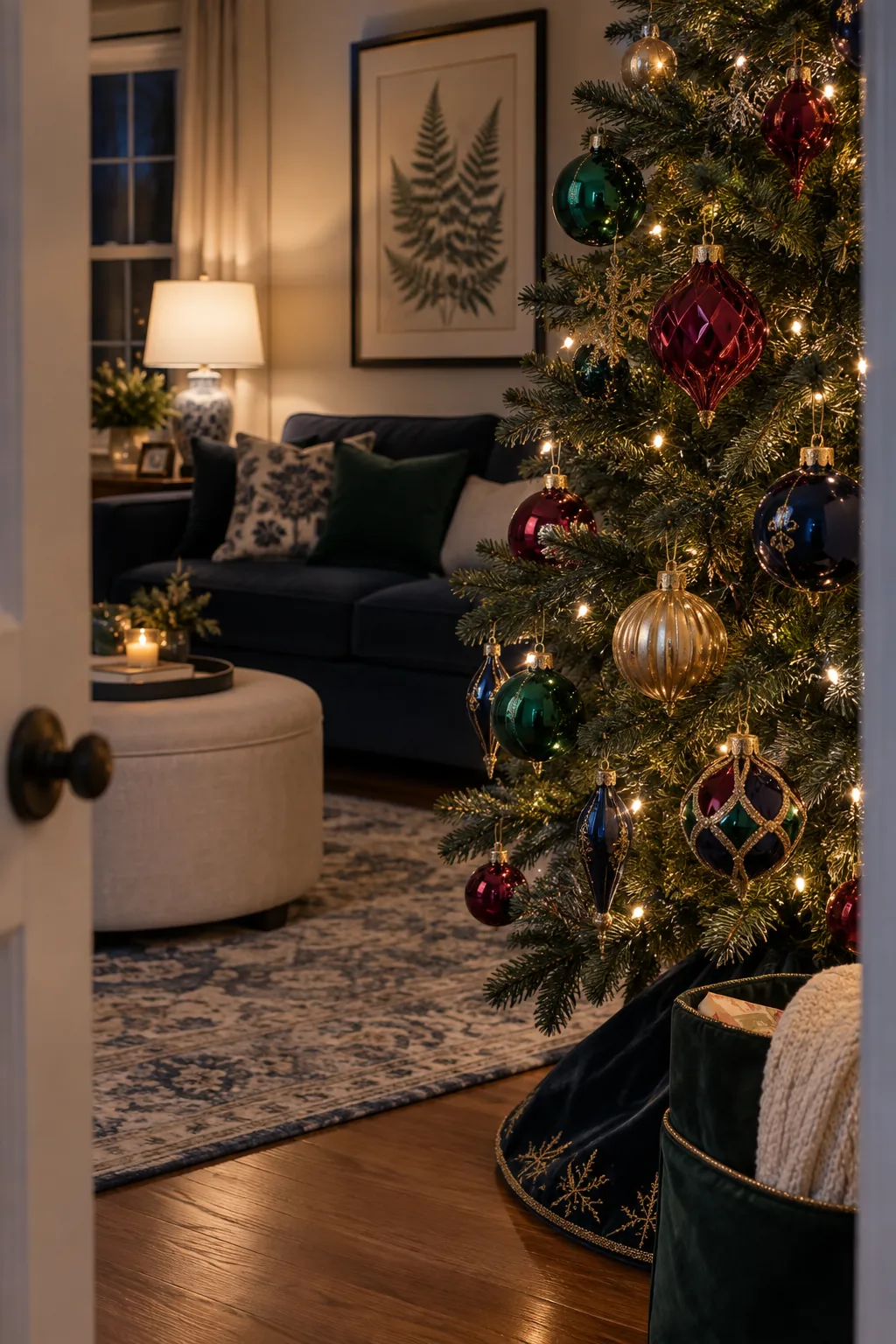 Mixed Jewel Tones With Gold Christmas tree ornaments beside a navy sofa