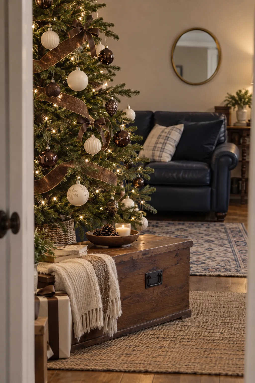 Chocolate and Cream Christmas tree ornaments beside a navy sofa