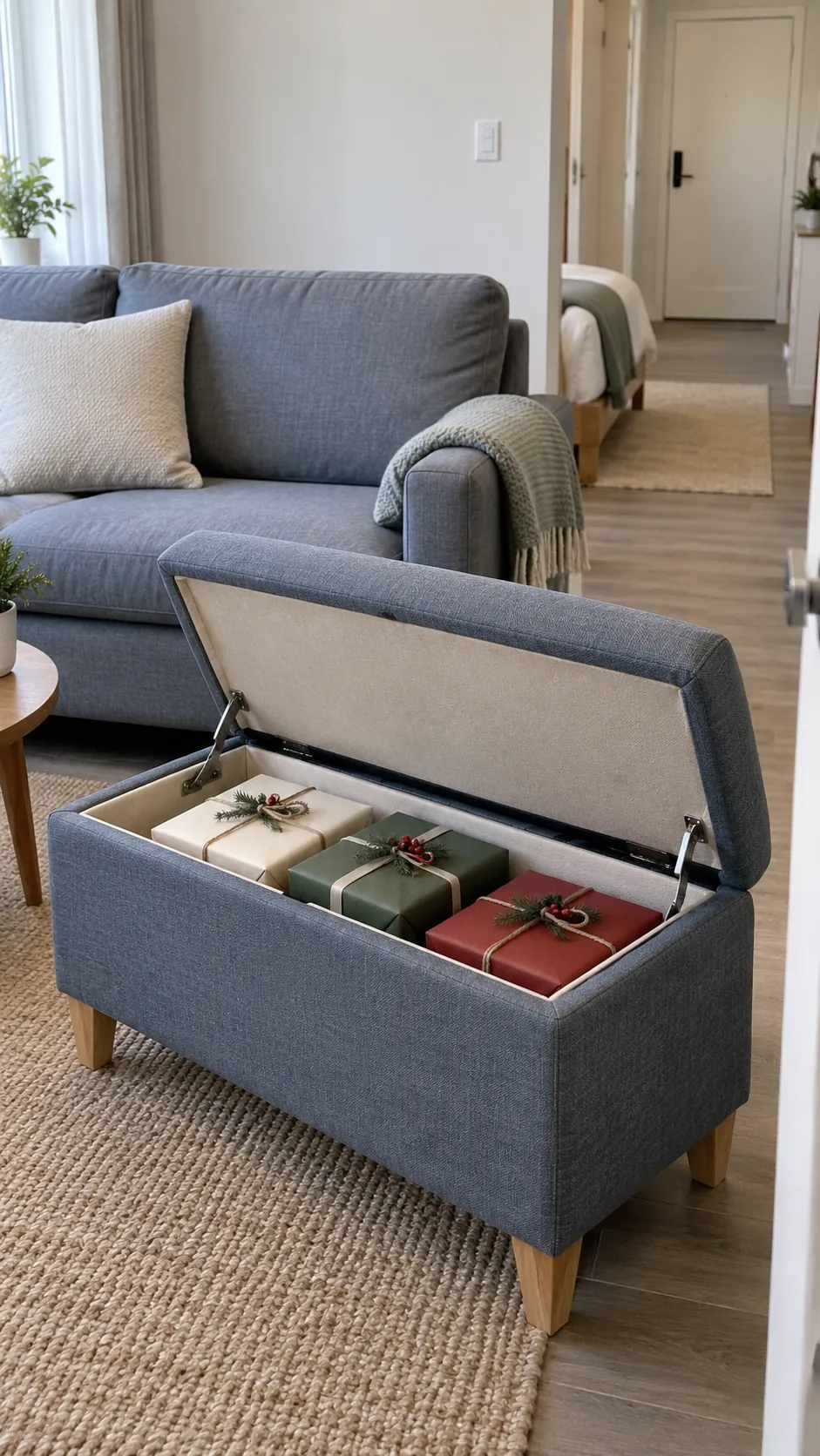 Wrapped Christmas gifts contained in a studio storage bench with the sofa clear