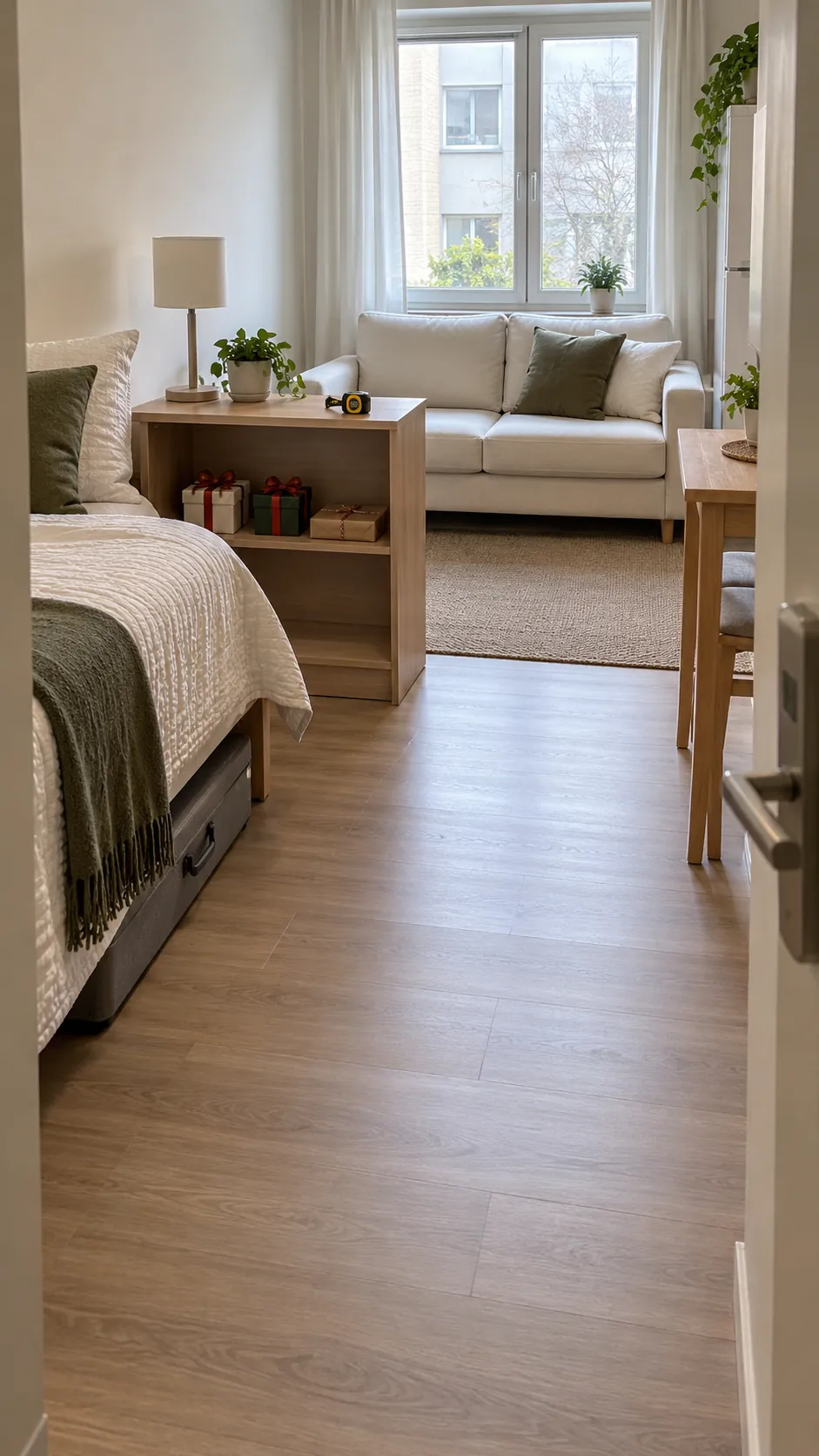Choose a storage zone before wrapping everything for wrapped Christmas gifts in a studio apartment