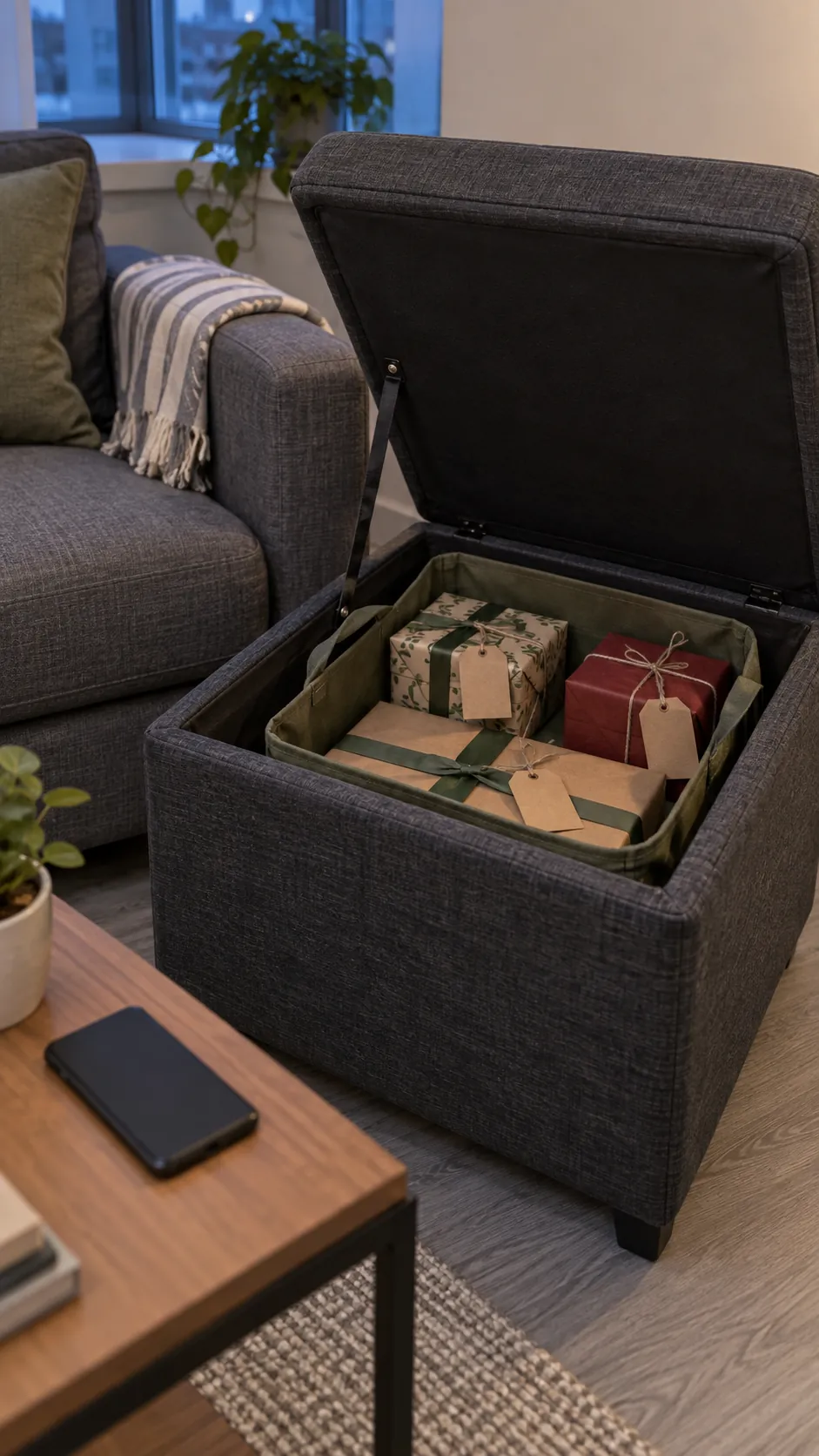 Use hidden storage without losing track of presents for wrapped Christmas gifts in a studio apartment