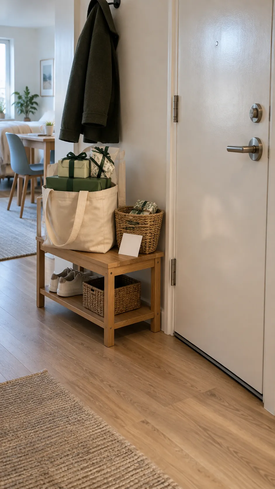 Group presents by the next handoff for wrapped Christmas gifts in a studio apartment