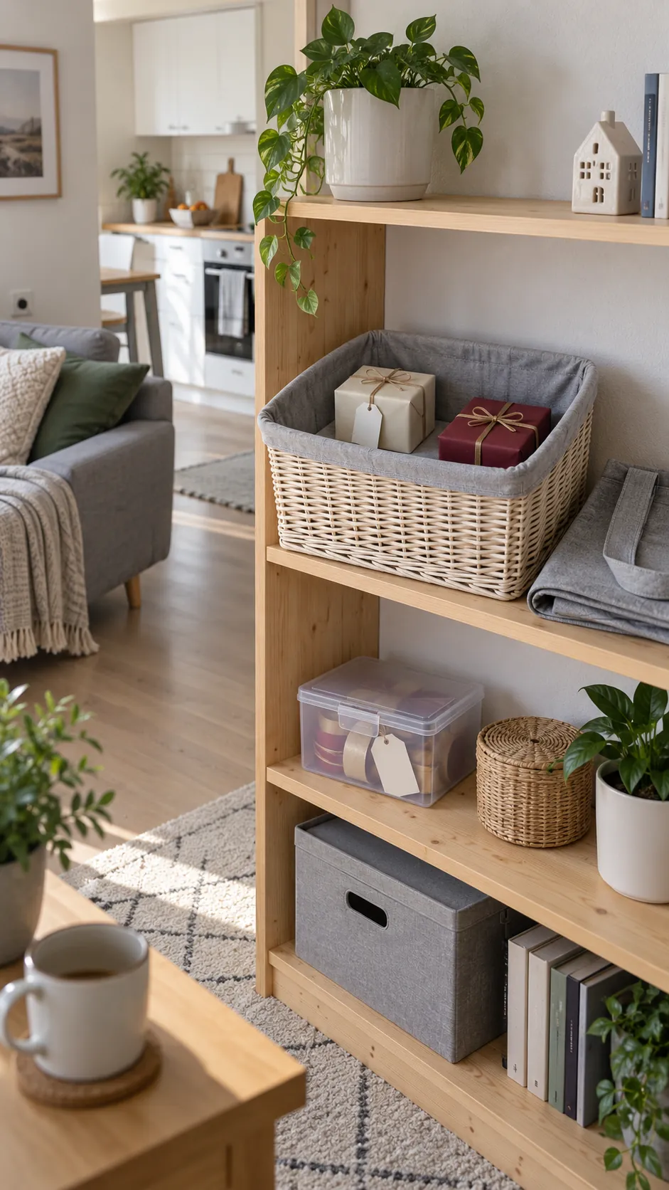 Reset the space whenever a gift leaves for wrapped Christmas gifts in a studio apartment