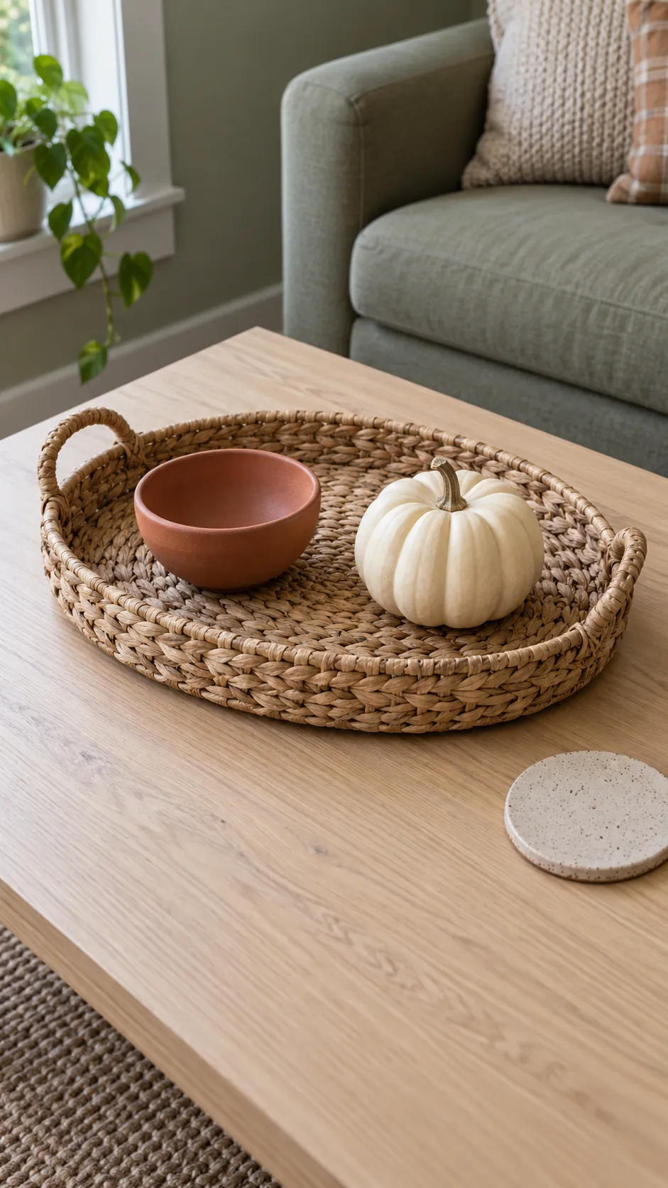 Shallow woven tray containing a restrained seasonal arrangement